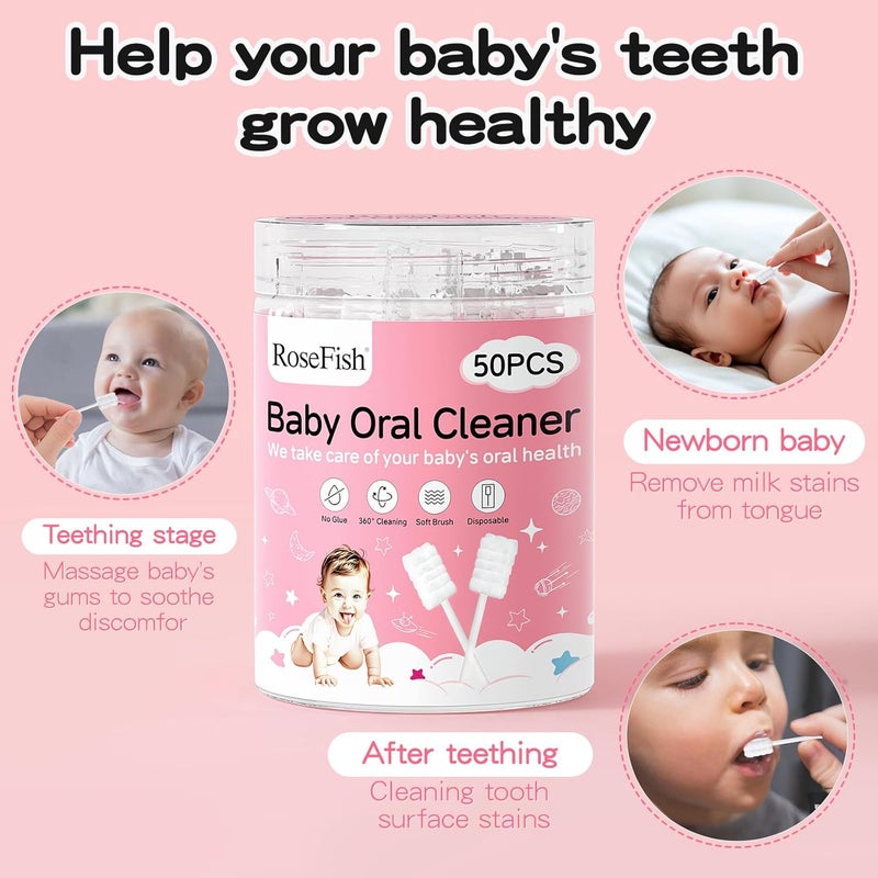 RoseFish 50Pcs Baby Tongue Cleaner for 0-36 Month No Glue Disposable Baby Mouth Oral Cleaner Infant Toothbrush Gum Cleaner 3D Soft Infant Tongue Cleaner+1PCS Finger Toothbrush - Image 2